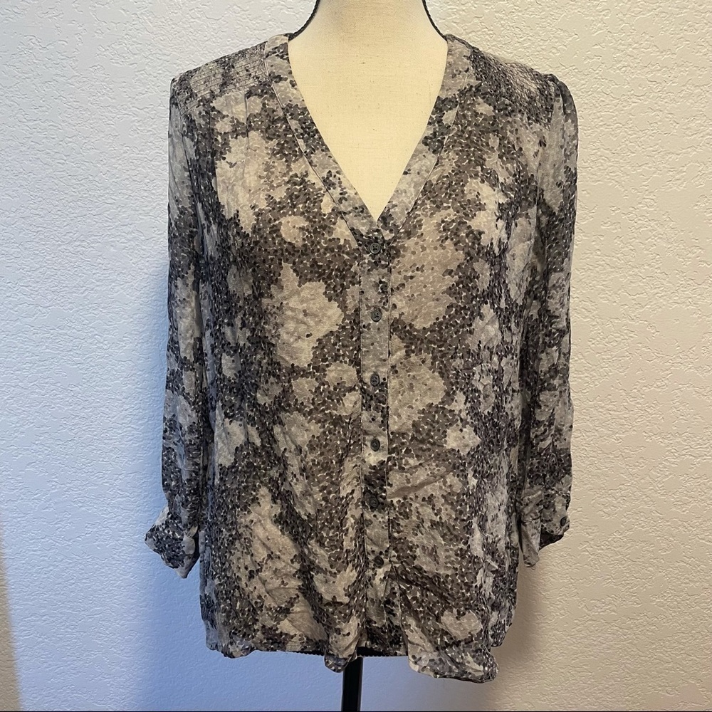 Joie Sheer Floral Print V-Neck Blouse in White and Gray